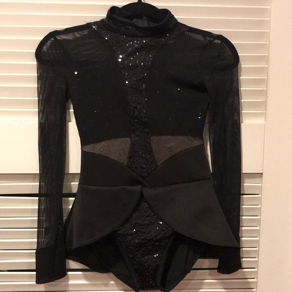 Black one piece dance costume with sequins